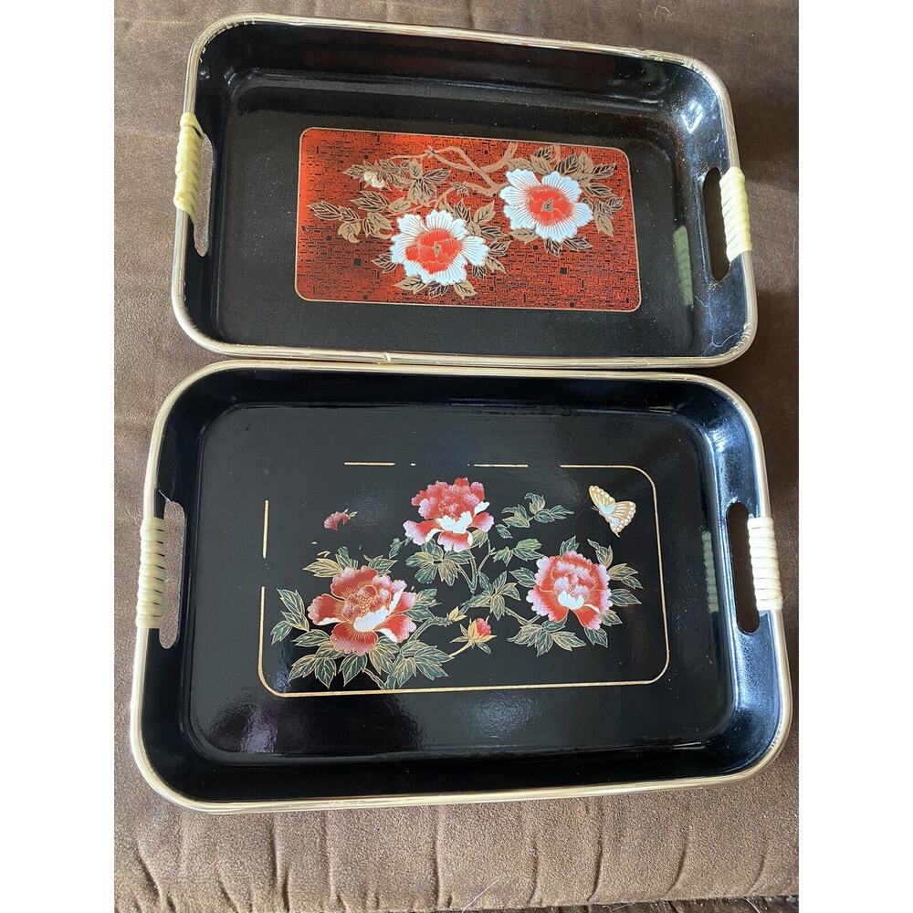 Two Plastic Japanese 10 1/2” Floral Both Different Wrapped Handle Trays - Picture 2 of 6